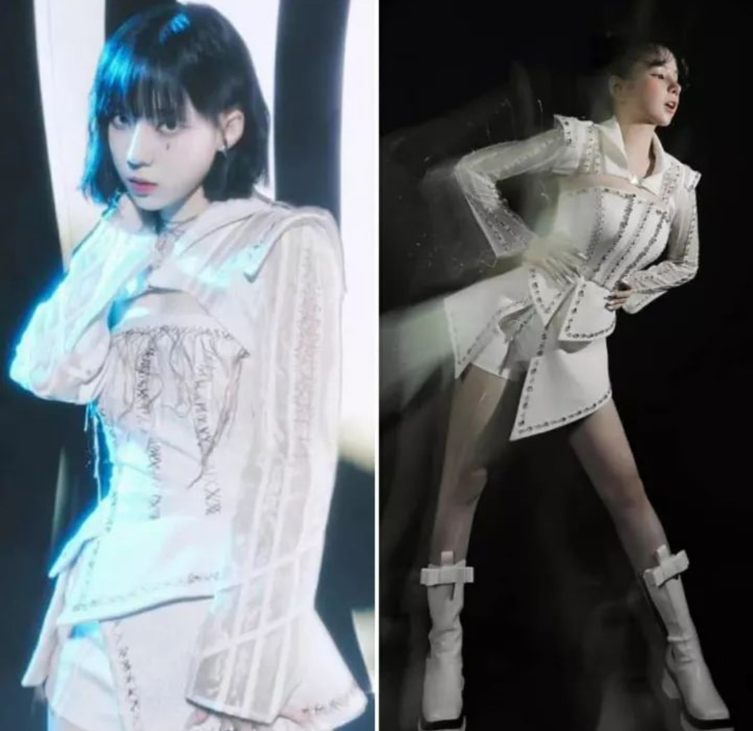 Trang phục của DJ Mie và Winter (aespa) giống nhau đến 90%. Thiết kế gồm corset kết hợp chân váy, quần short và boots đều được công ty SM thiết kế độc quyền cho 'gà nhà', không sử dụng bất kì váy áo trên thị trường. Ảnh: Facebook