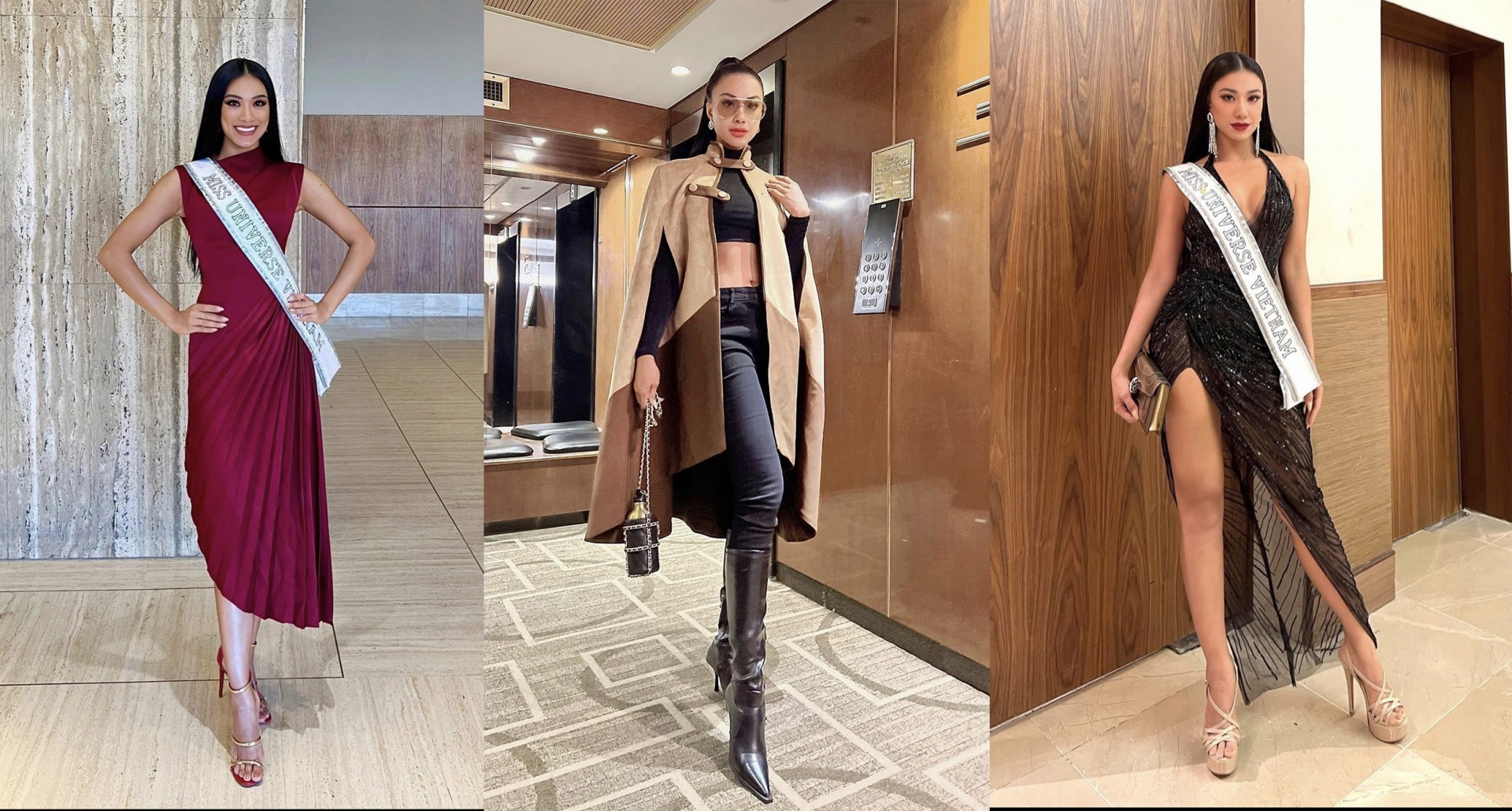 Một số outfit nổi bật khác của Kim Duyên khi tham dự Miss Universe 2021, cô nàng cân đẹp mọi phong cách từ dịu dàng, nữ tính đến sành điệu, thời thượng pha chút quyến rũ. Điểm chung là nàng hậu luôn phối cùng phụ kiện hàng hiệu từ Gucci, LV,...