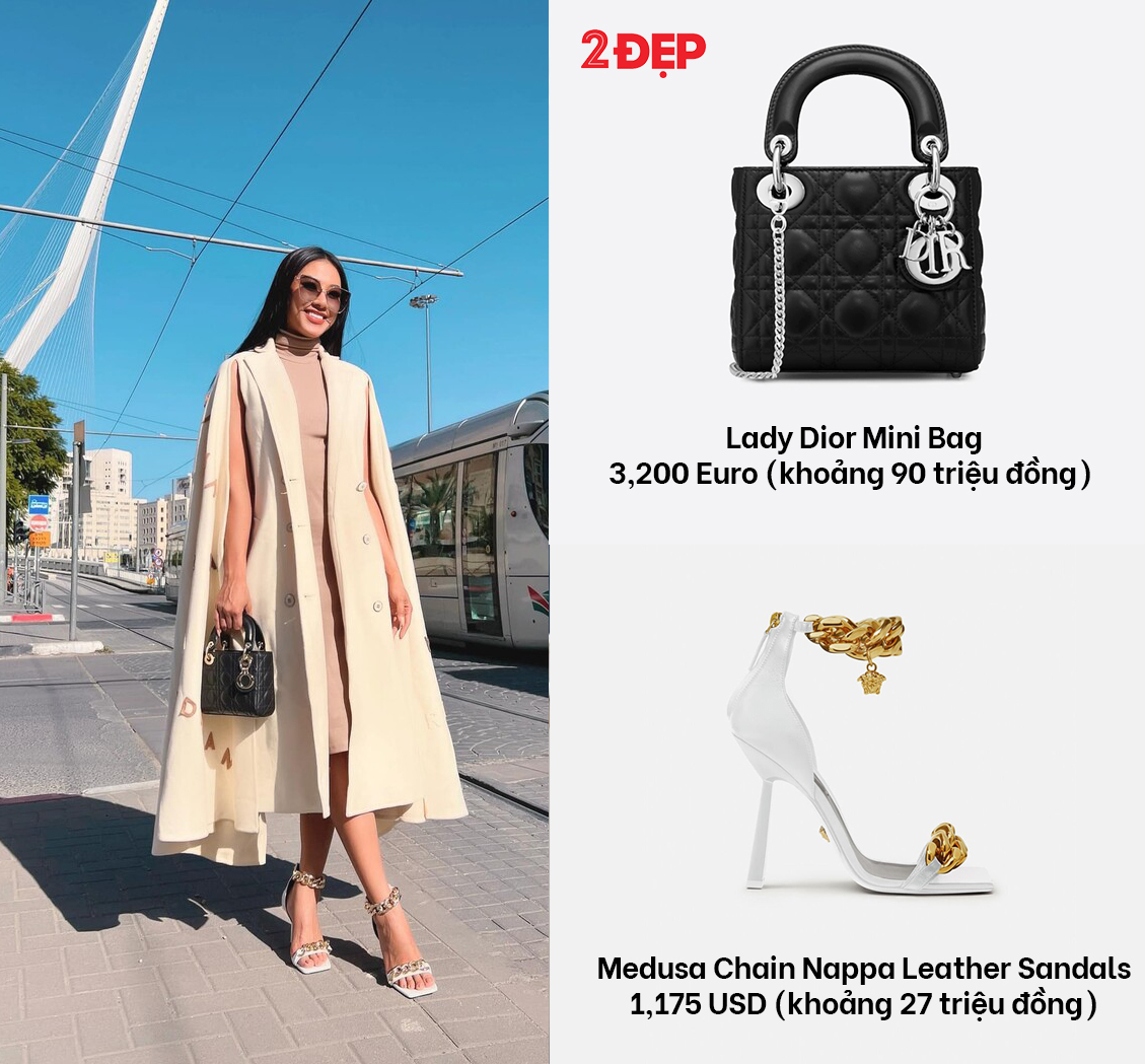 Đi cùng với set đồ là túi Lady Dior hơn 100 triệu đồng và giày mũi vuông phối xích của Versace gần 27 triệu đồng.