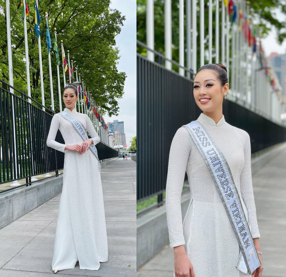 Khánh Vân quảng bá hình ảnh con gái Việt trong tà áo dài trắng nền nã, mái tóc búi cao gọn gàng, hiện đại và năng động.