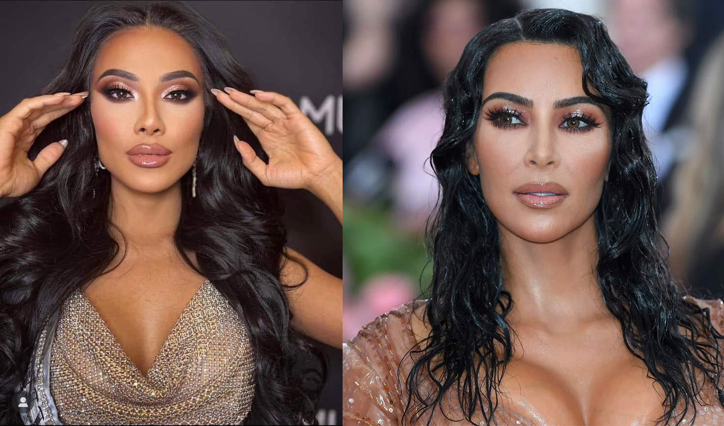 Từ mái tóc xoăn đến layout-out make-up của Kim Duyên đều làm người ta nghĩ đến Kim Kardashian.