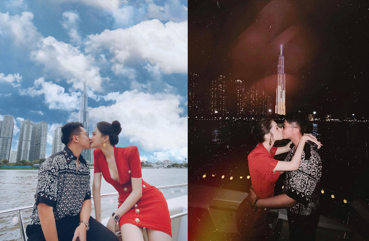 Hương Giang và Matt Liu hôn nhau say đắm trên du thuyền, mỹ nhân Việt diện váy tweed đệm vai, sắc đỏ quyến rũ bên cạnh bạn trai với áo sơ mi hoạ tiết trẻ trung.