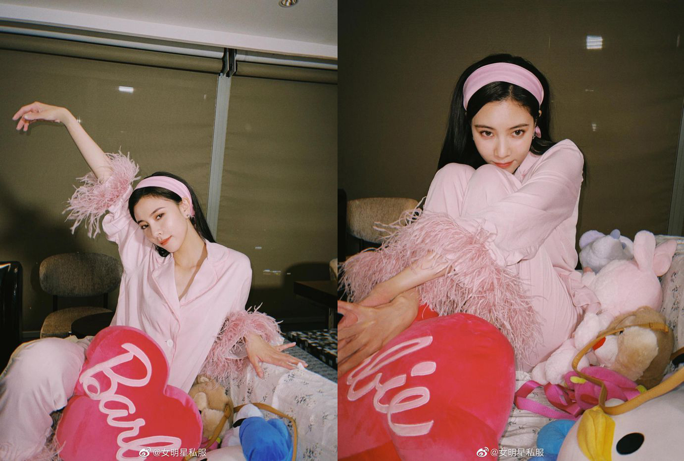 Diện đồ ngủ tương tự Jessica, Tống Nghiên Hy mang đến hình ảnh ngọt ngào, nữ tính với set đồ pijama màu hồng pastel, phần tua rua cũng màu hồng nốt.