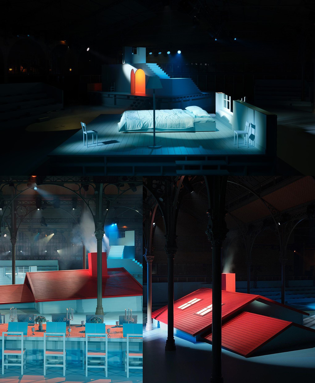 Không gian sân khấu BST Menswear Thu/Đông 2022 của Louis Vuitton: Mái ngói đỏ kiểu Mỹ, cấu trúc cầu thang hư không, một chiếc giường đôi và chiếc bàn hoàng gia.