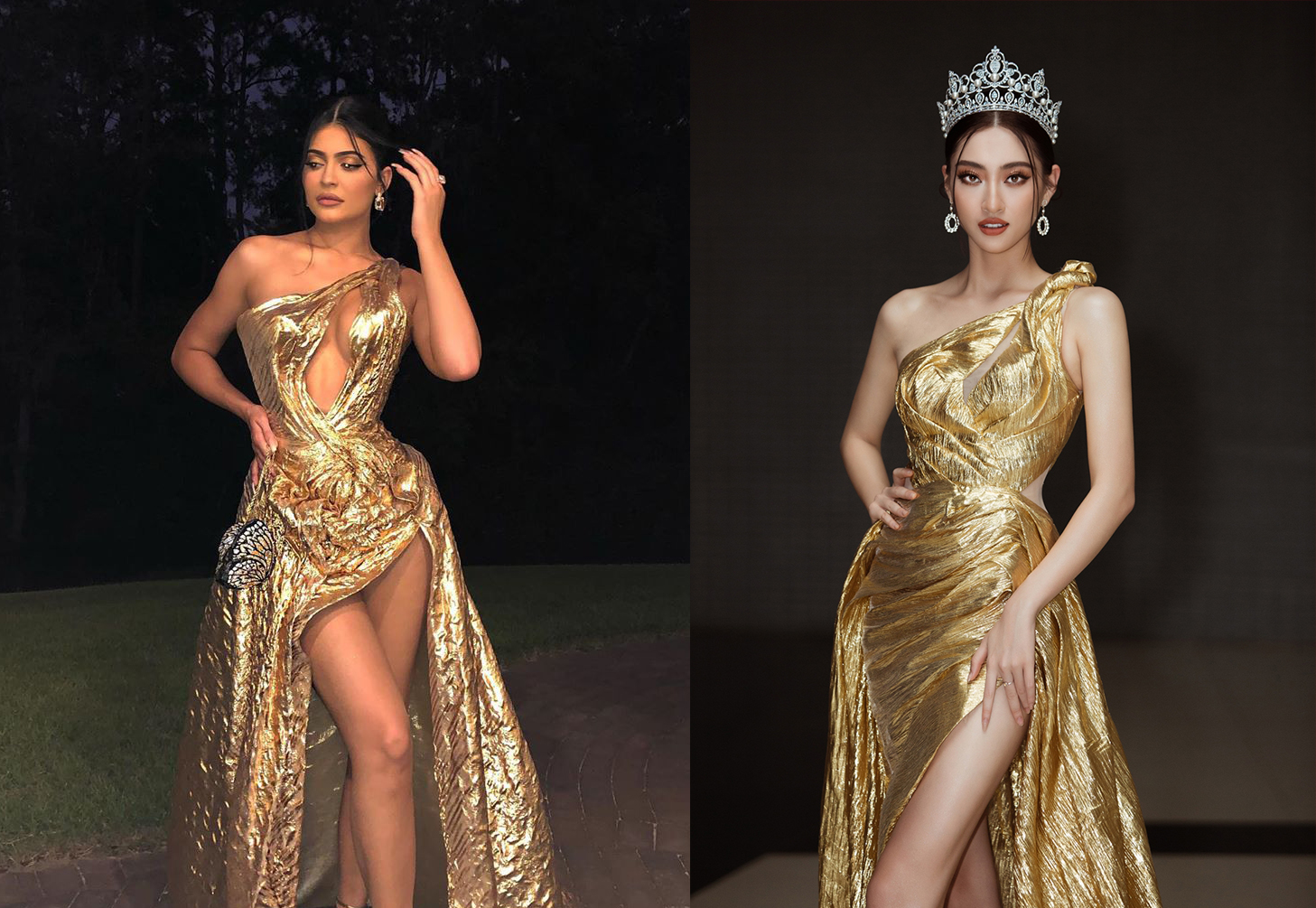 Lương Thuỳ Linh từng sở hữu chiếc đầm vàng gold tương tự như của Kylie Jenner.