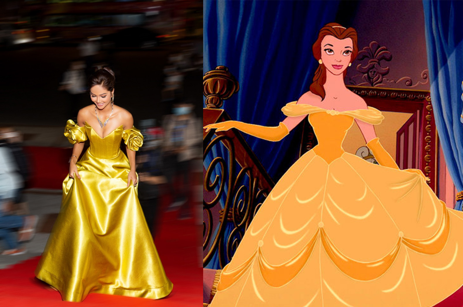 Chiếc váy vàng với chi tiết trễ vai, tay bồng cổ điển giúp hình ảnh của H'Hen Niê có nhiều nét tương đồng với nàng công chúa Belle.