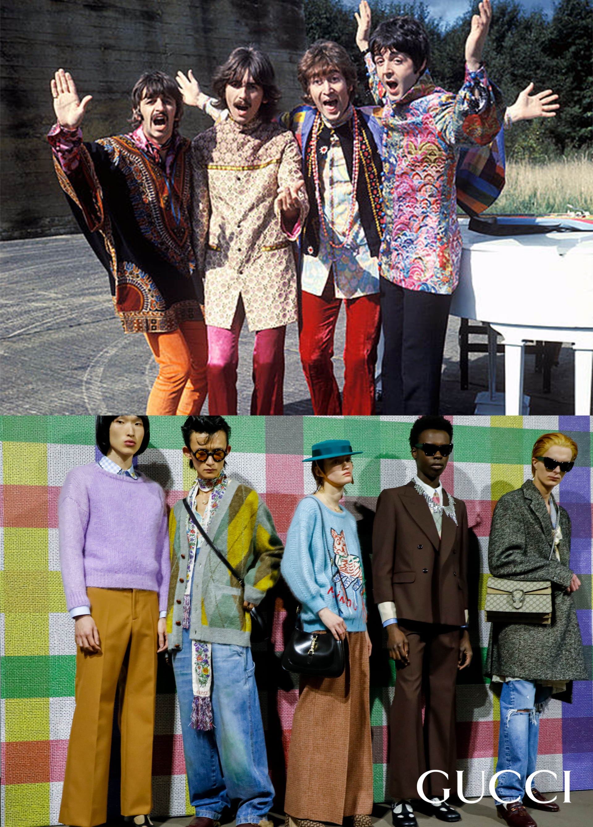 Có thể thấy, phần lớn cảm hứng của Gucci đến từ những biểu tượng thời trang trong nền âm nhạc thập niên 60: Những chiếc quần ống loe, suit sặc sở đính kết hay những chiếc blazer in hoạ tiết hoa lá diêm dúa. 