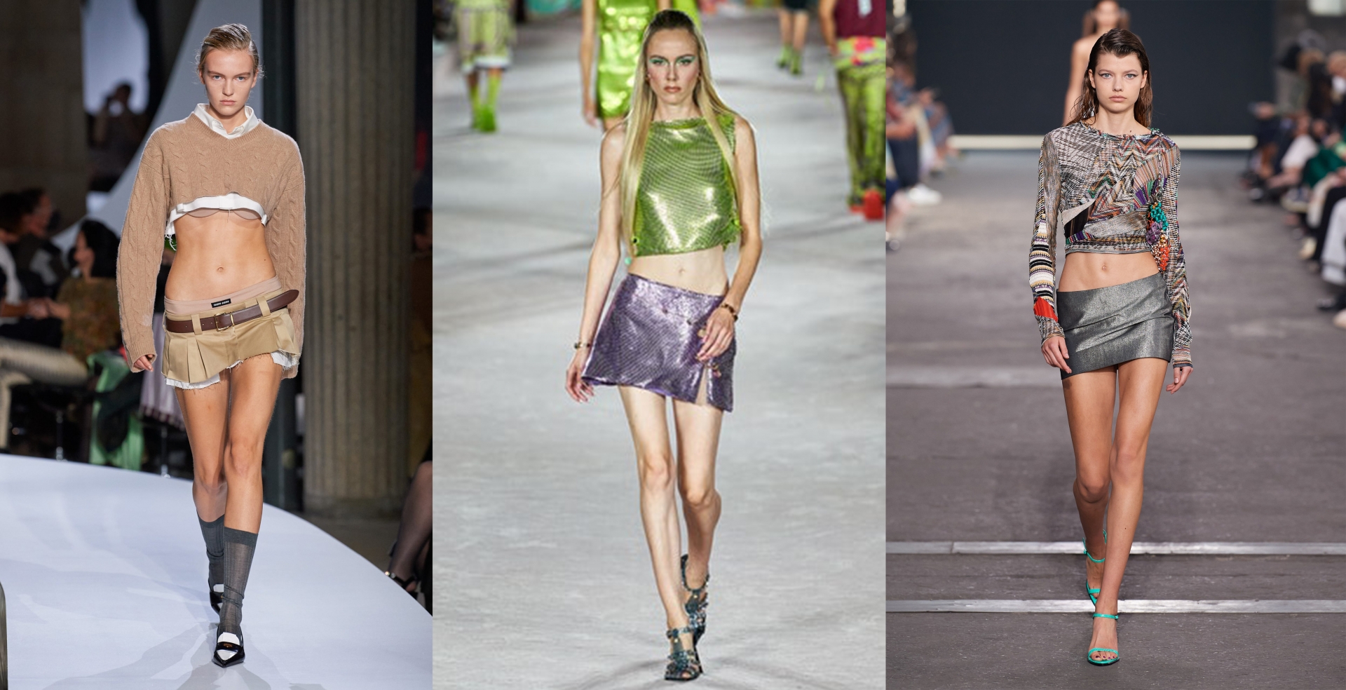 Những 'nhà tiên phong' nổi bật như Versace, Miu Miu, Prada, Dior...mang phong cách đặc trưng vào những thiết kế chân váy ngắn cạp trễ. 
