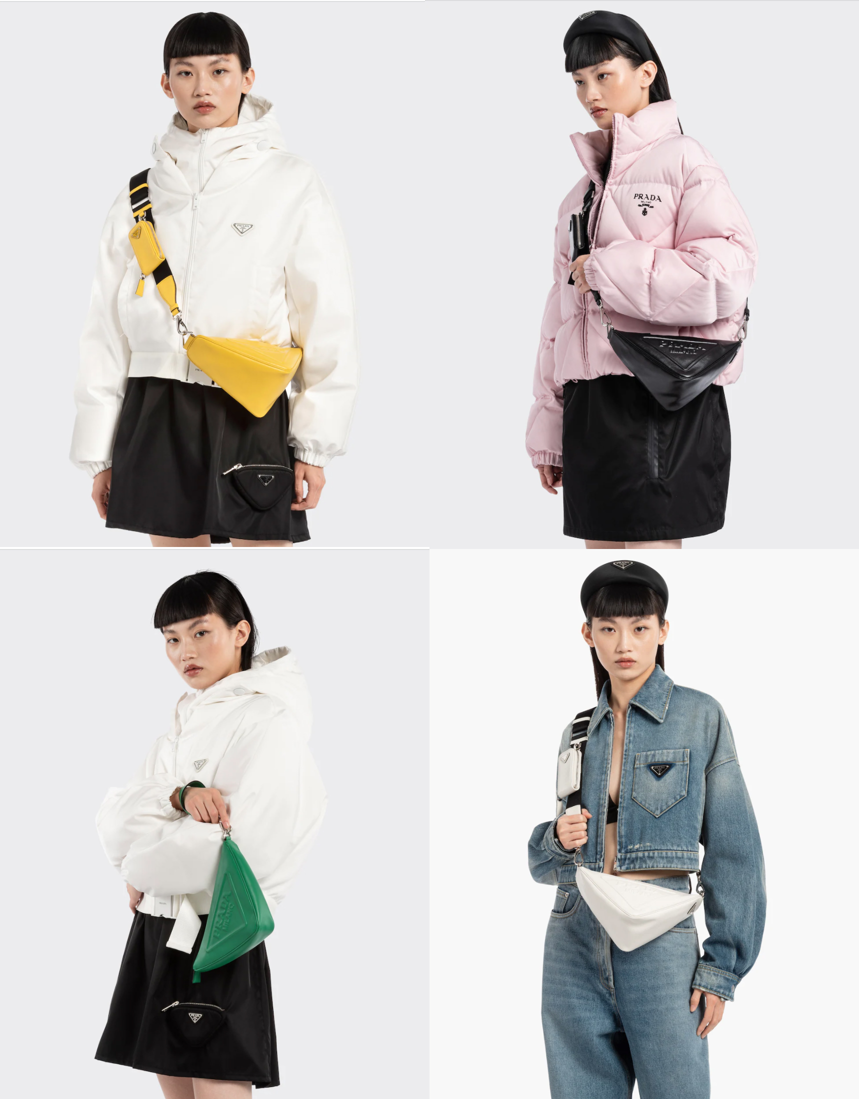 Mẫu túi Prada được lấy cảm hứng từ logo thương hiệu, thiết kế hình tam giác trẻ trung năng động với 4 màu sắc: trắng, đen, vàng, xanh lá...
