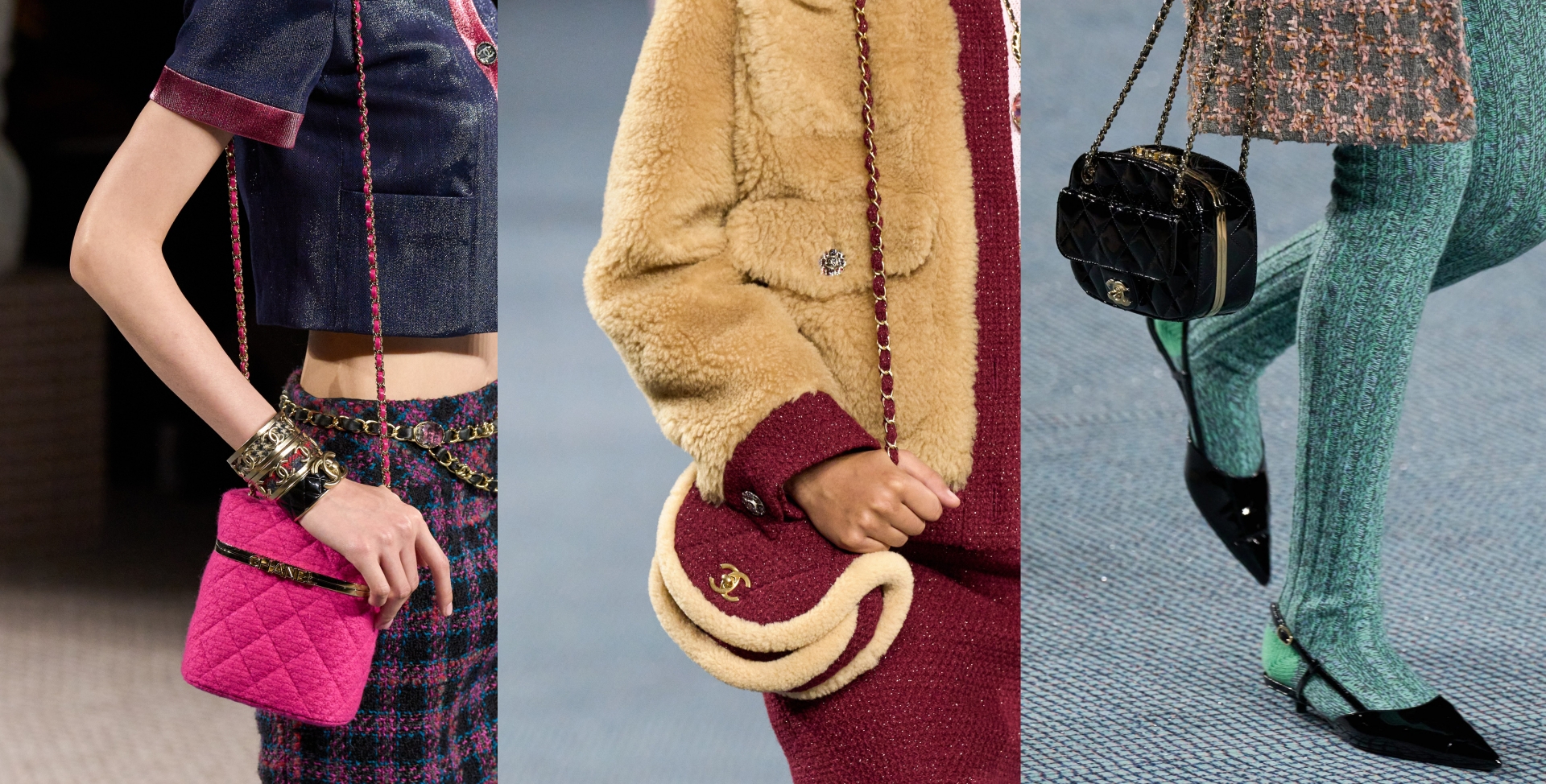 Những item biểu trưng cho thời trang nữ giới như túi Flap bag mini, giày kitten heels, slingback cũng được xuất hiện với vẻ ngoài mới mẻ và cuốn hút hơn. 