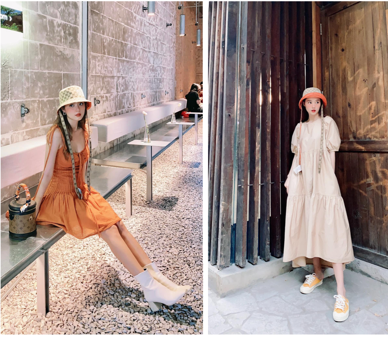 Chiếc nón Gucci này có cả màu cam và màu be nên cô nàng dễ dàng phối cùng 2 chiếc váy có màu sắc tương tự mà chẳng sợ lạc quẻ.