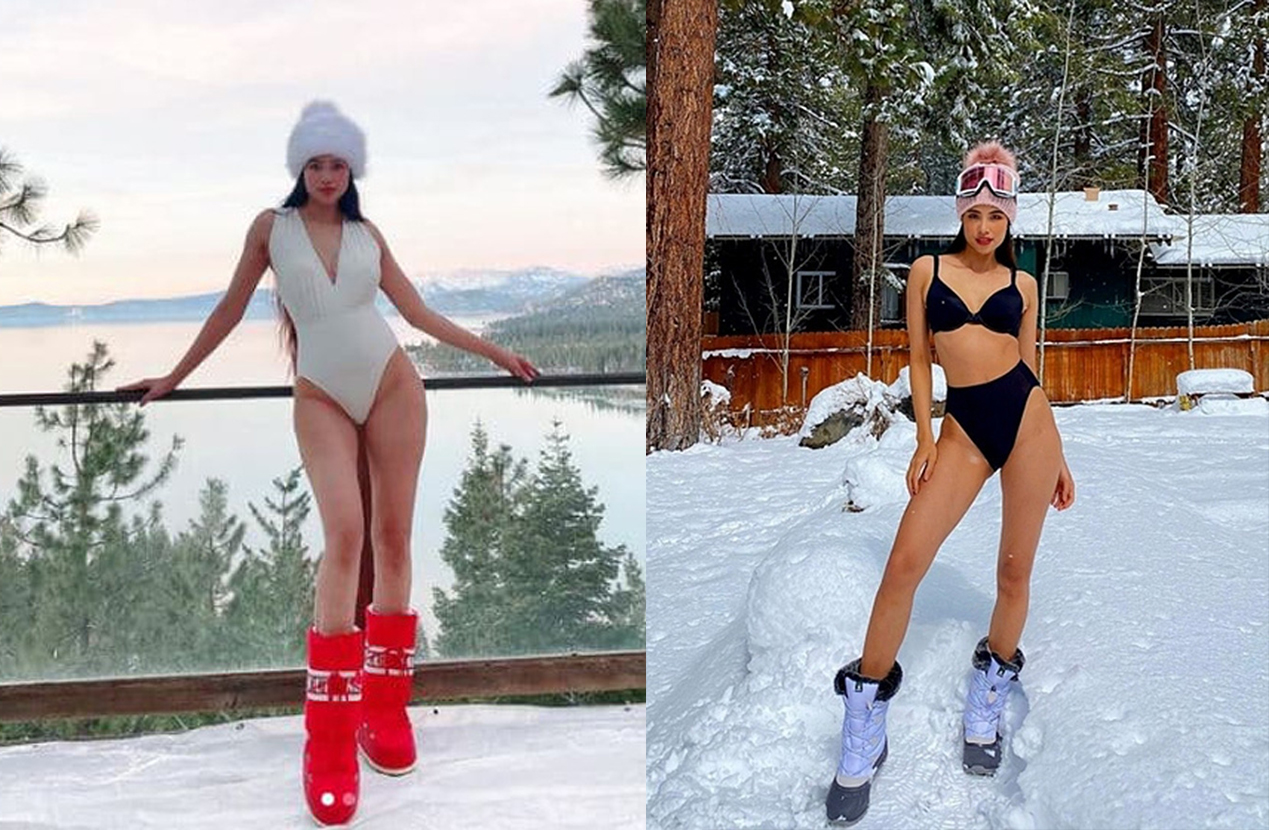 Hoa hậu Phạm Hương cũng từng gây sốt với loạt ảnh khoe da thịt dưới trời tuyết California.