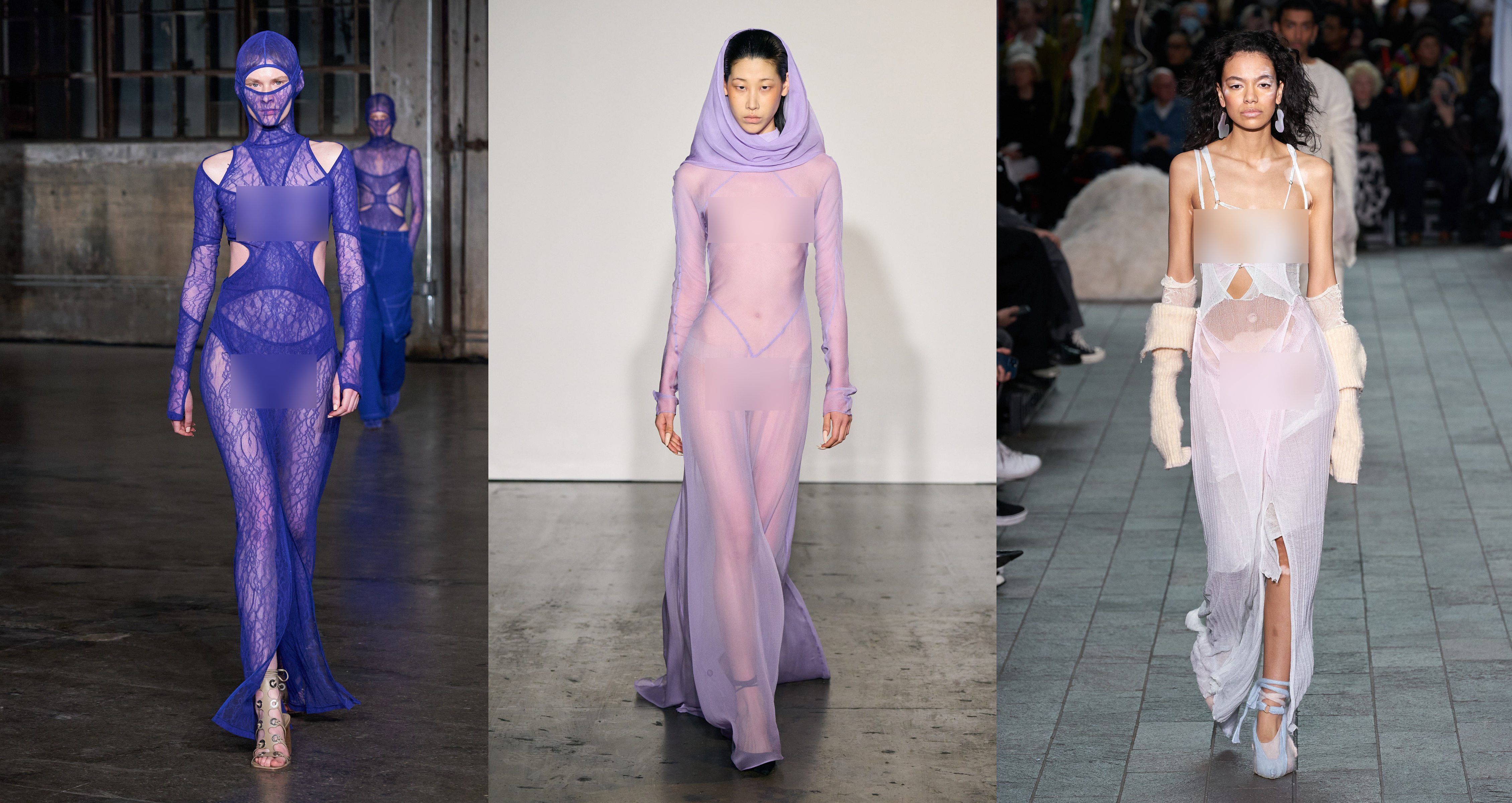 Thiết kế xuyên thấu, cắt xẻ không nội y trở thành điểm nhấn của Tuần lễ thời trang Thu Đông 2022