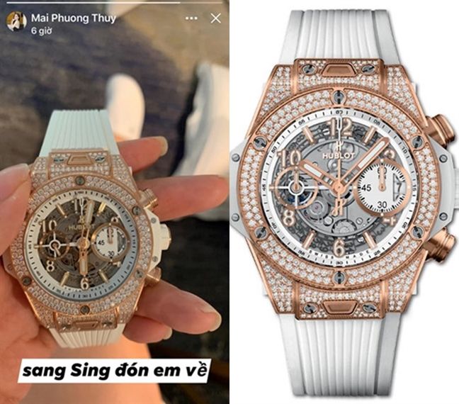 Mai Phương Thuý từng khoe chiếc đồng hồ Hublot nạm kim cương có giá hơn 49.000 USD (khoảng 1,1 tỷ đồng) từ chuyến du lịch Singapore. Chiếc đồng hồ sử dụng dây da màu trắng, phần cứng mạ vàng hồng cùng hàng trăm viên kim cương đính trên toàn bộ bề mặt.
