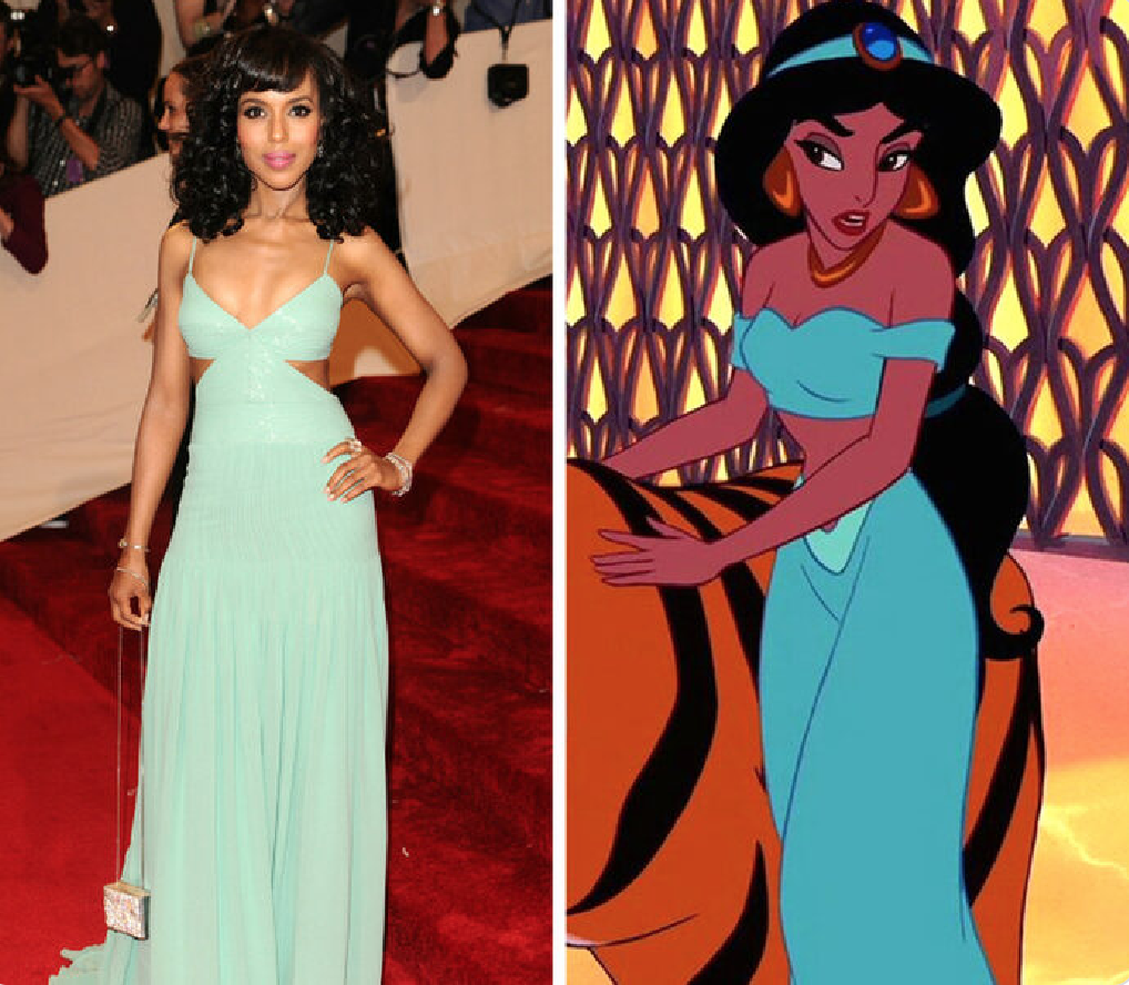 Kerry Washington bước lên thảm đỏ với chiếc váy xanh có phần cut eo táo bạo nhưng mái tóc và làn da của cô mới là đặc điểm làm nhiều người nhớ đến Jasmine, nàng công chúa da màu đầu tiên của Disney.