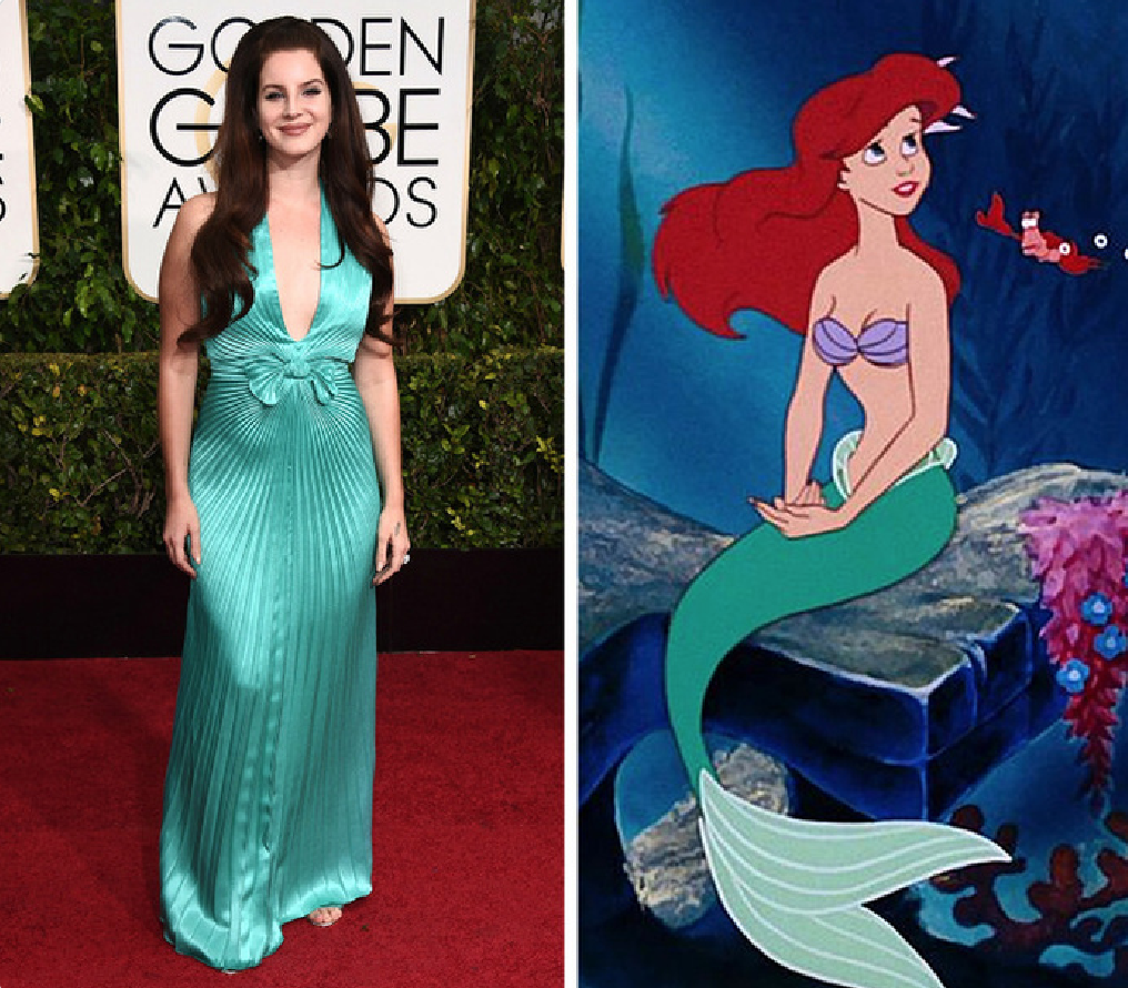 Không cần váy đuôi cá như Julianne, Lana Del Rey vẫn gợi nhớ đến Nàng Tiên Cá bởi mái tóc đỏ nâu buông dài và chiếc váy xếp ly màu xanh mint mang hơi thở đại dương.