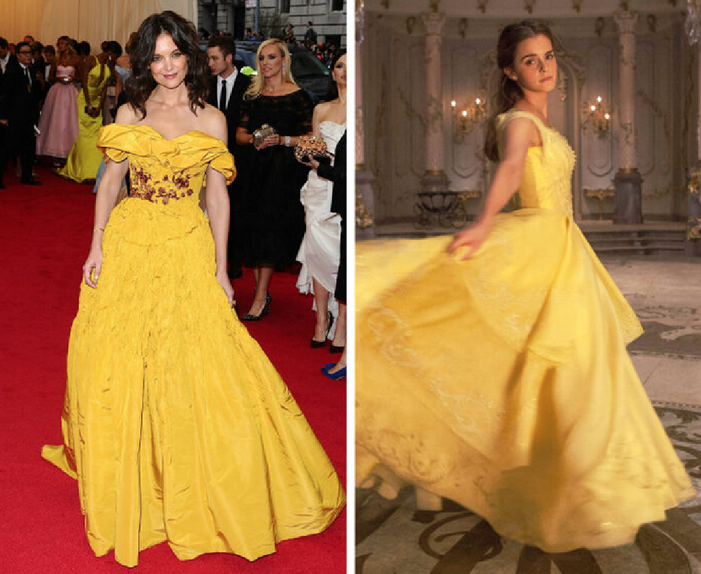 Katie Holmes nổi bật với chiếc váy vàng được cho là giống 80% nguyên mẫu Belle trong truyện 'Người Đẹp Và Quái Vật'.