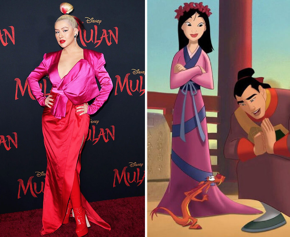 Christina Aguilera tại buổi ra mắt phim Mulan phiên bản LIve-action đã diện một thiết kế được lấy cảm hứng từng phiên bản hoạt hình với 2 sắc màu chủ đạo là đỏ và hồng. Cô nàng búi tóc giống với cô gái châu Á ngày xưa.