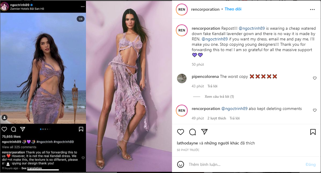 Cụ thể, NTK Haixi Ren, người đã thiết kế riêng bộ váy gốc cho Kendall Jenner đã chỉ đích danh Ngọc Trinh đang mặc một thiết kế fake vì cô không hề nhận đơn đặc hàng nào từ phía mỹ nhân Việt. Cô cũng không quên fan đã 'chỉ điểm' cho mình trường hợp đáo nhái trắng trợn này.