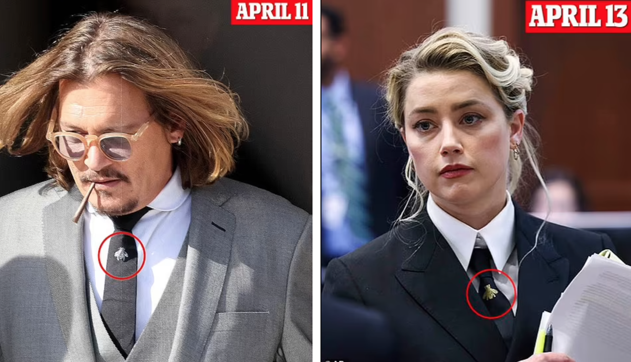 Trái với hình tượng thường ngày, Amber Heard lại diện suit bespoke hơi hướng nam tính và trịnh trọng khi xuất hiện tại toà án. Cô nàng còn tinh ý sử dụng chiếc cà vạt thêu con ong Gucci được Jonny diện vào 1 ngày trước đó.