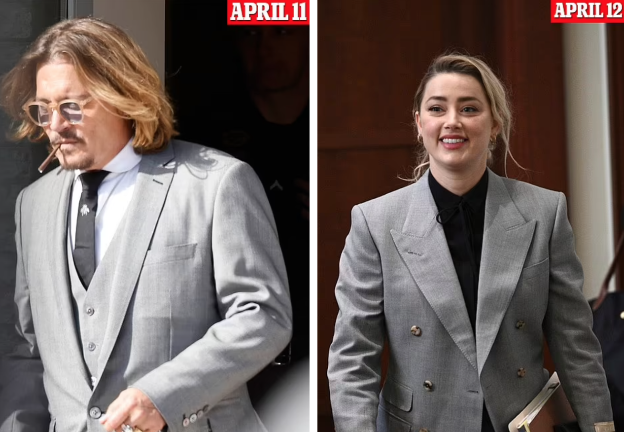 Chưa kể, mỹ nhân Hollywood còn trơ trẽn mặc chiếc áo blazer màu xám tương tự như Johnny Depp. Chiếc áo quá cỡ được mặc một cách gượng ép, không biết ai mới là người ăn mặc kém tinh tế ở đây?