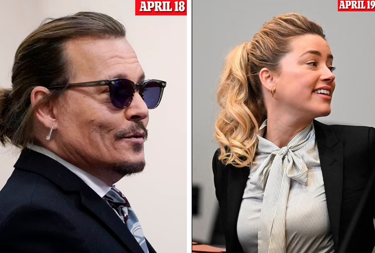Không biết là trùng hợp hay cố ý nhưng khi Johnny Depp cột tóc cao lên, mặc áo sáng màu ở trong, mặc áo blazer tối màu ra ngoài thì vợ cũ của anh cũng cột tóc đuôi ngựa và có outfit tương tự.