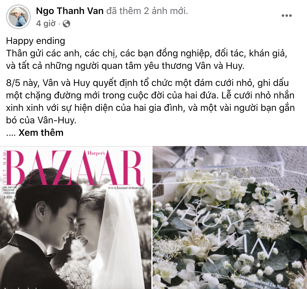 Trong bộ ảnh cưới được tạp chí Harper's Bazaar Việt Nam đăng tải, Ngô Thanh Vân cũng thông báo hôn lễ sẽ được cử hành vào ngày 8/5 với sự chung vui của gia đình và một số bạn bè thân thiết.