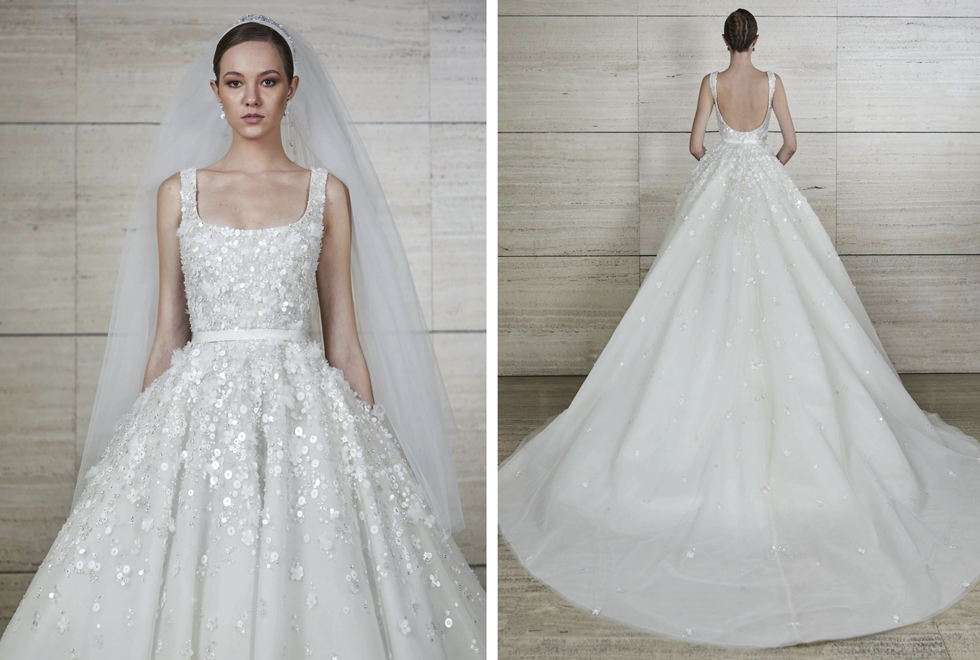 Chiếc váy cưới cổ chữ U đính cườm tinh tế với tùng xòe rộng của Elie Saab có giá 22.950$, tương đương nửa tỉ đồng.