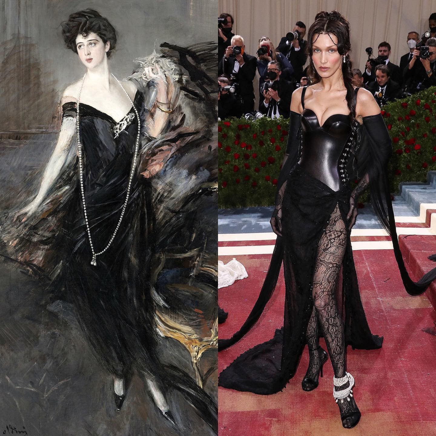 Bella Hadid quyến rũ với váy corset da bóng của Burberry.