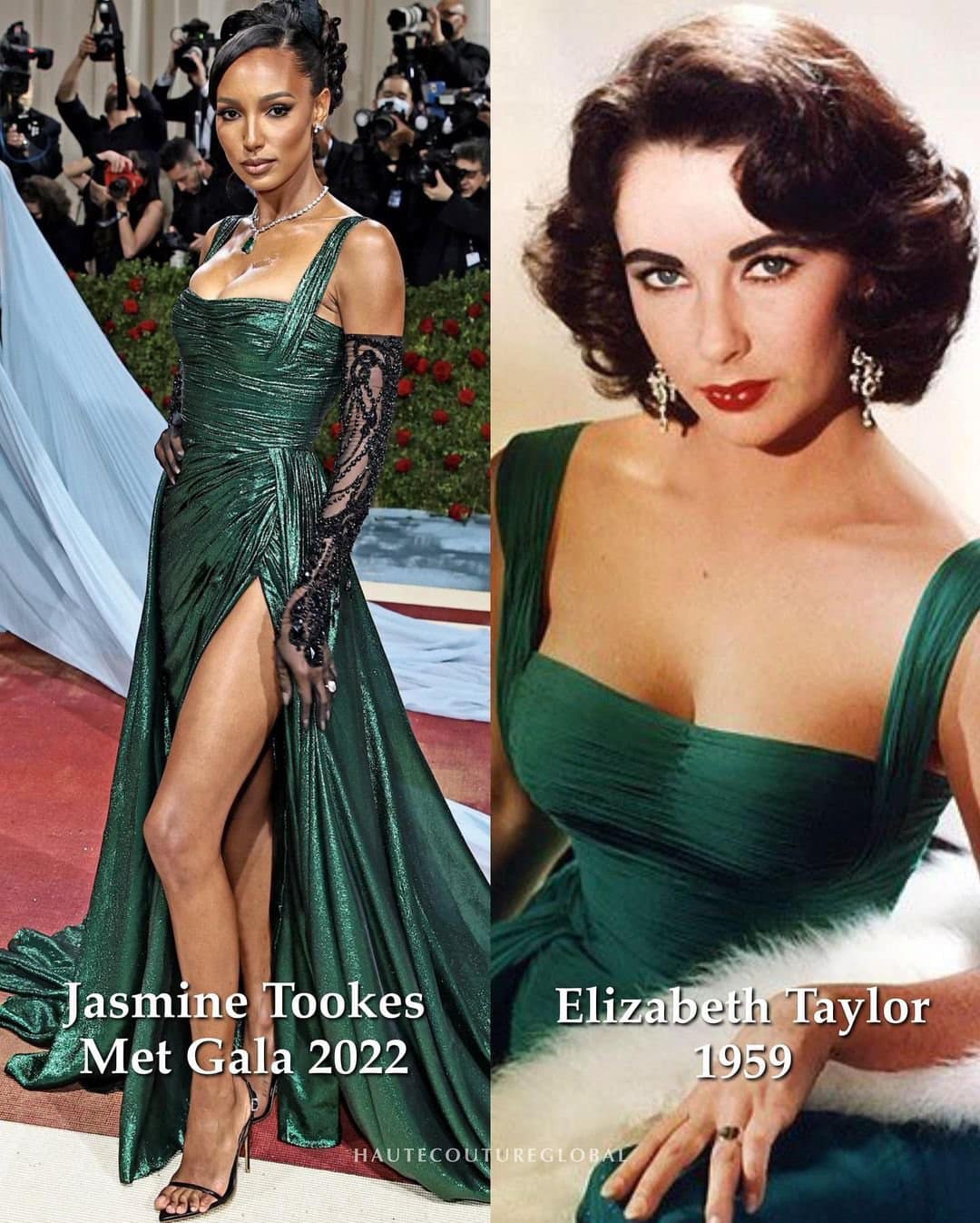 Jasmine Tookes diện mẫu váy dạ hội xanh ngọc bích, từng là thiết kế kinh điển gắn liền với hình ảnh nữ diễn viên Elizabeth Taylor.