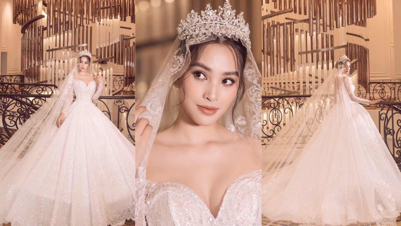 Tiểu Vy lộng lẫy và kiêu sa trong chiếc váy cưới cổ điển, có cả vương miện và khăn cài dài 5m..