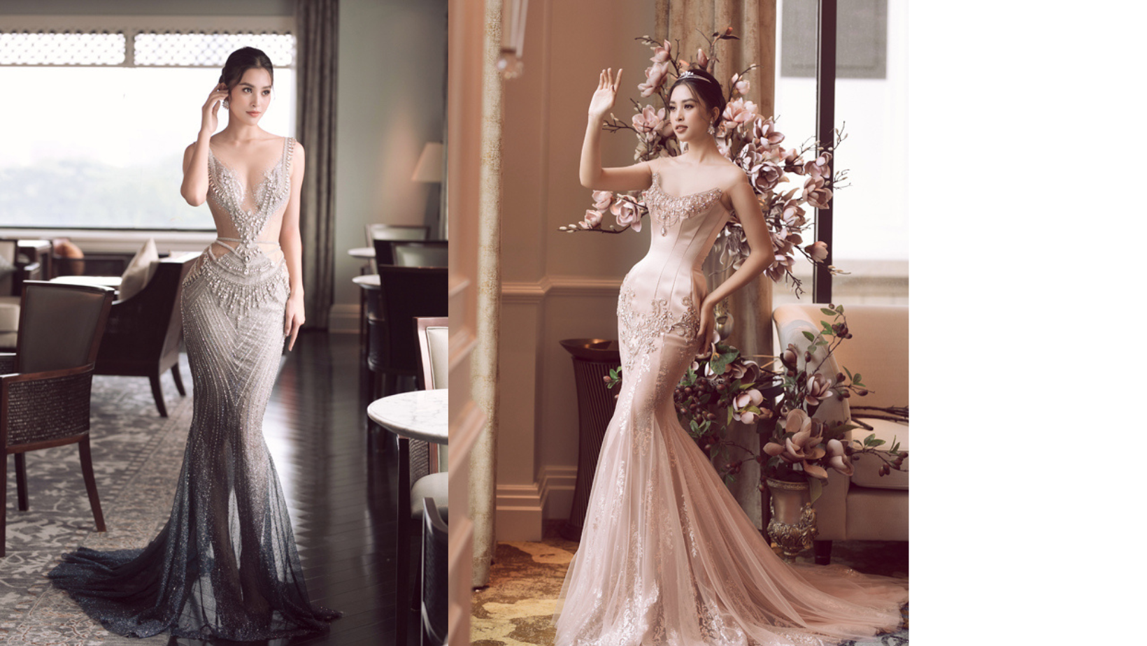 Thiết kế váy cưới đuôi cá đính pha lê tôn vinh thân hình đồng hồ cát quyến rũ của Tiểu Vy.