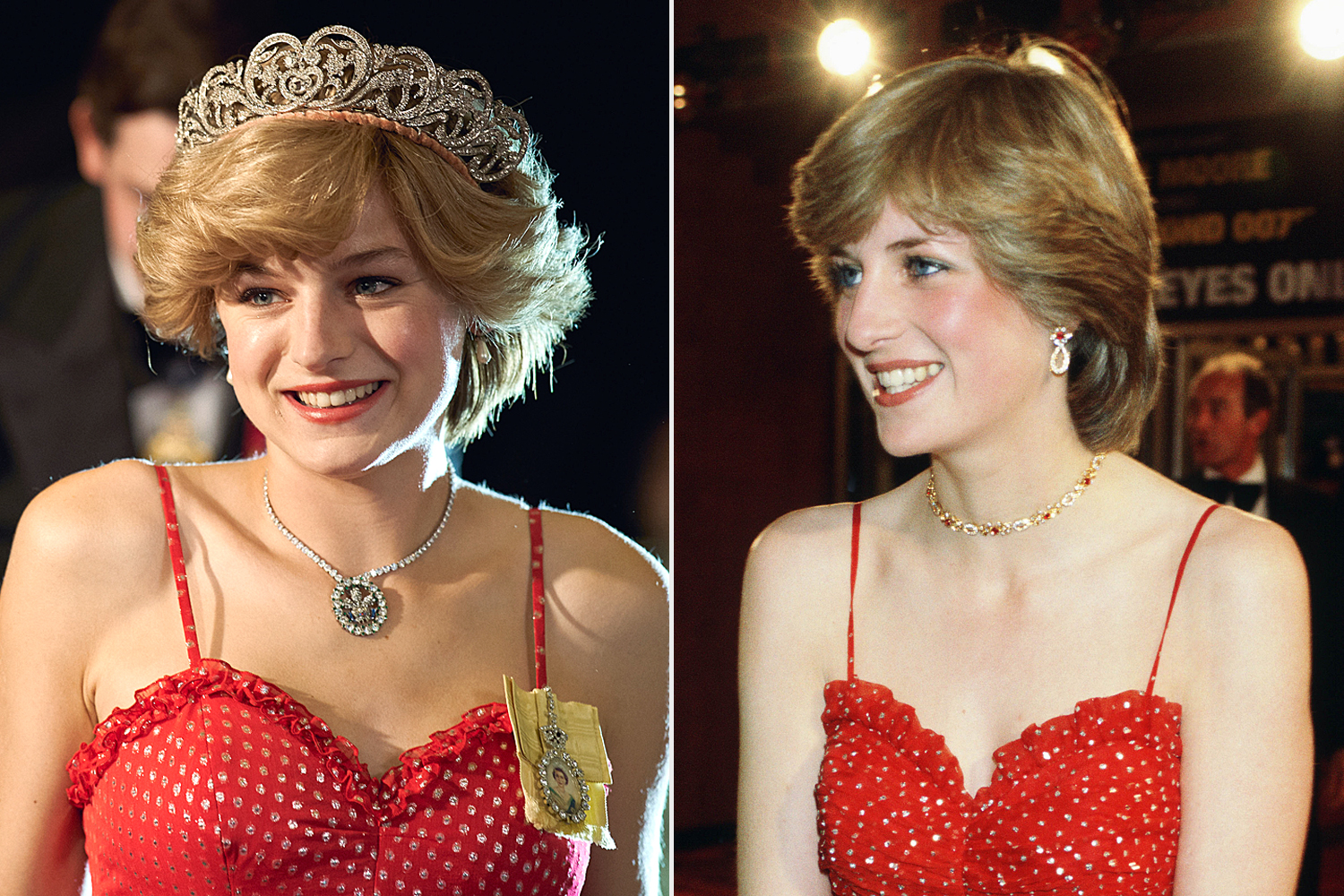 So với phiên bản gốc, The Crown đã thêm một vương miện và vòng cổ phù hợp hơn với chiếc váy chấm bi đỏ của 'Công nương Diana' phiên bản truyền hình.