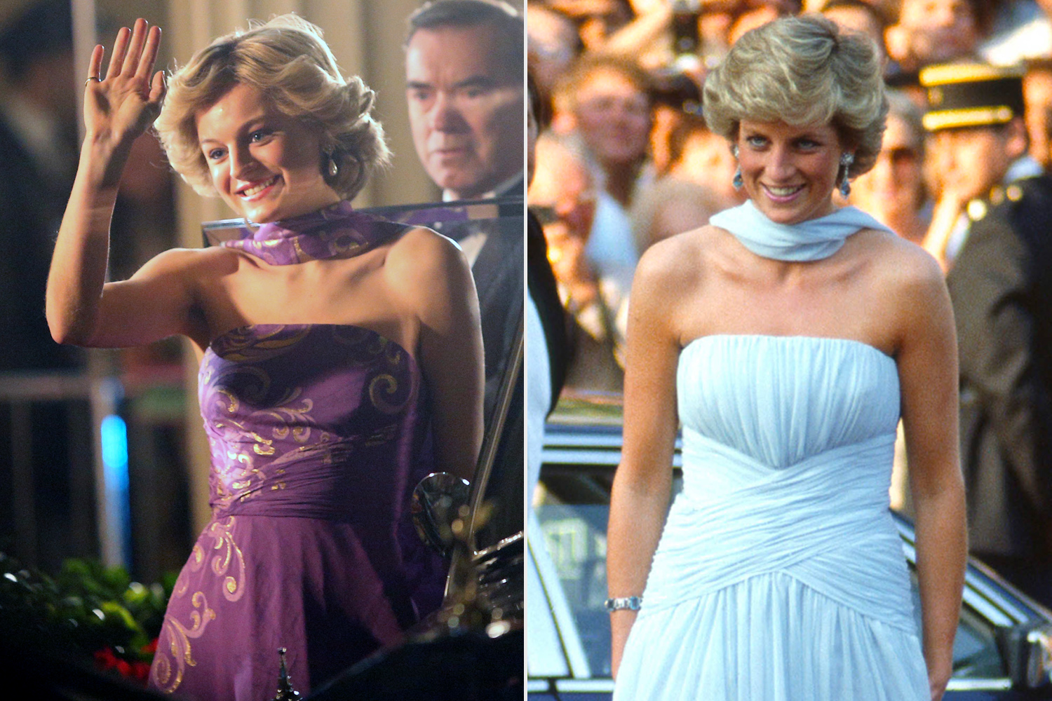 Công nương Diana kết hợp váy quây với khăn quàng cổ. Trong trang phục này, Emma Corrin đã sao chép 100% công thức mặc đồ của Công nương quá cố.
