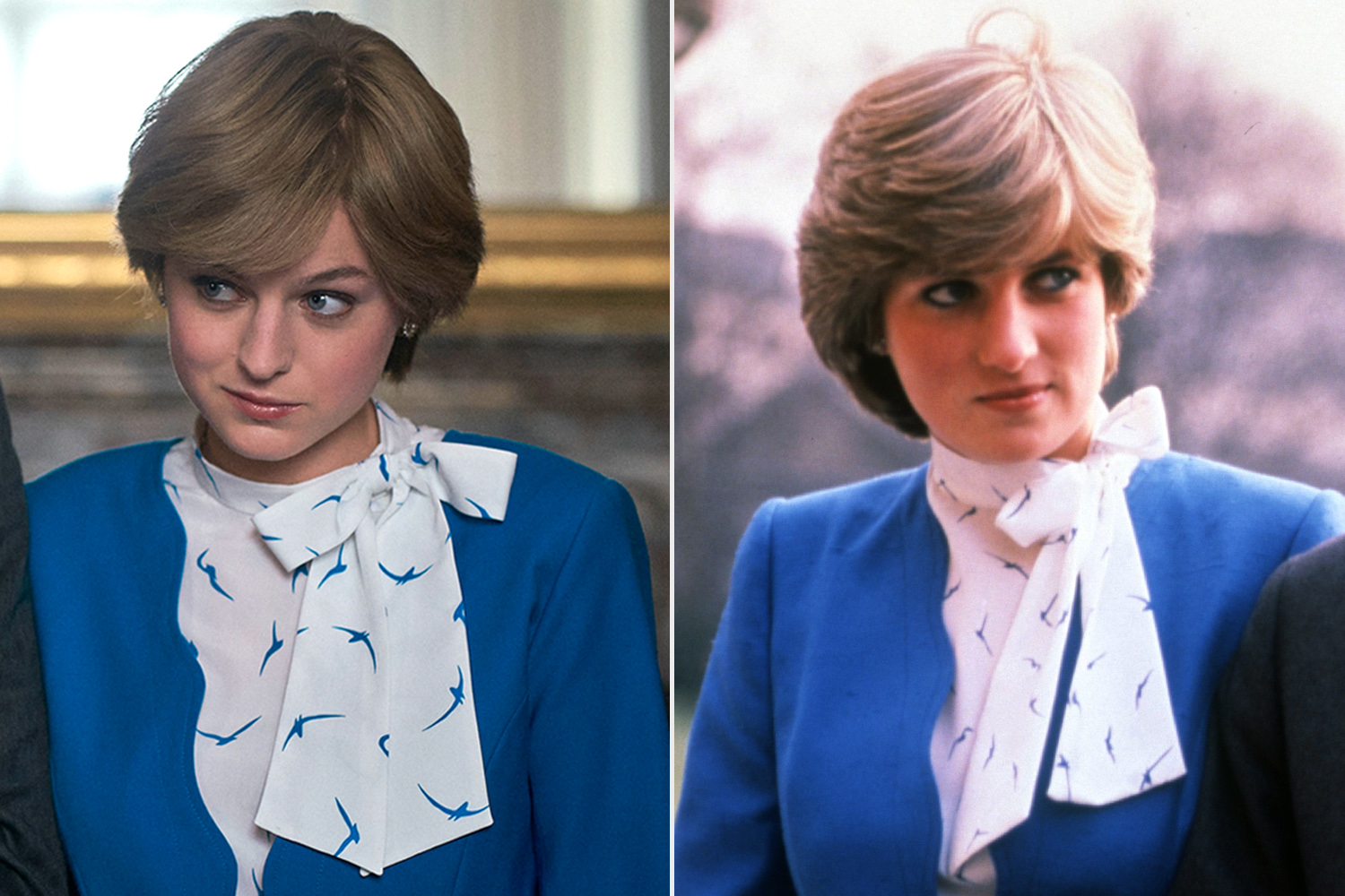 The Crown đã sao chép hoàn hảo vẻ ngoài của Công nương Diana trong phân cảnh đính hôn với Thái tử Charles: Bộ vest màu xanh thanh lịch khoác bên ngoài áo cánh có cổ thắt nơ.