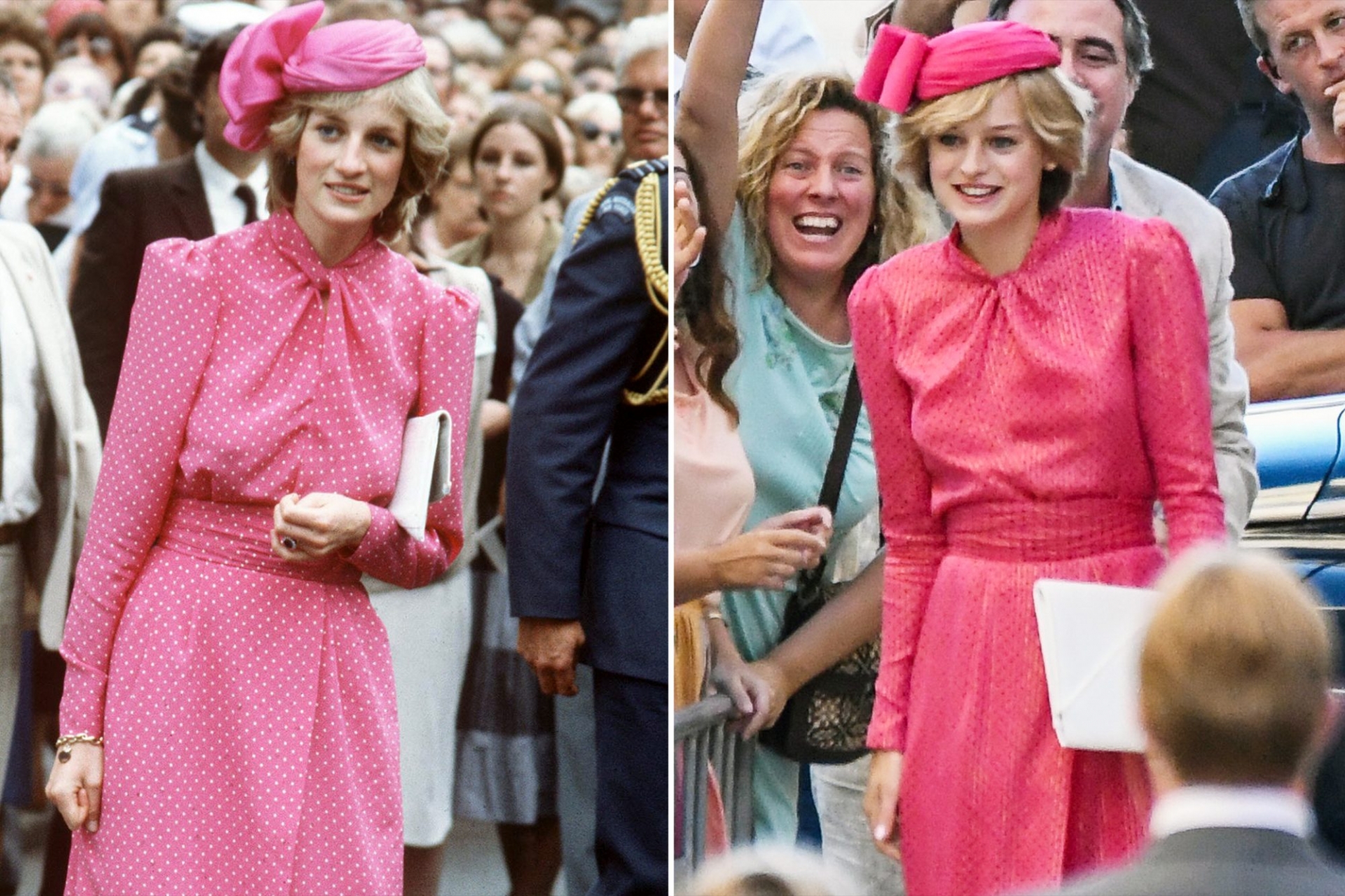 Chiếc váy hồng chấm bi cổ điển này là một trong những khoảnh khắc thời trang đắt giá nhất của Công nương Diana lẫn bộ phim The Crown. Nữ diễn viên Emma Corrin đã có màn hóa thân không thể hoàn hảo hơn. Với diện mạo của mình, cô đã làm sống dậy một tượng đài nhan sắc.
