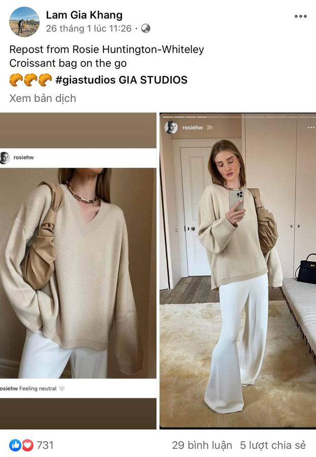 Lâm Gia Khang từng chia sẻ trên trang cá nhân hình ảnh siêu mẫu Rosie Huntington-Whiteley, bạn gái tài tử 'Fast & Furious' Jason Statham ưu ái chiếc túi bánh sừng bò của GIA studio, còn tag hẳn tên nhà mốt.