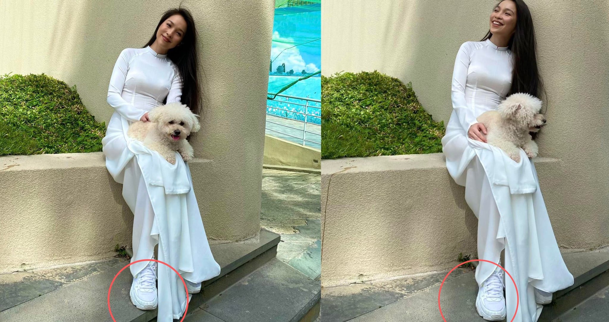 Hiền Thục diện áo dài trắng nền nã nhưng nhìn xuống đôi giày lại sai sai