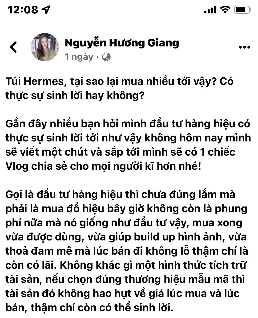 Cụ thể lời chia sẻ về việc đầu tư túi hiệu của Hoa hậu Hương Giang.