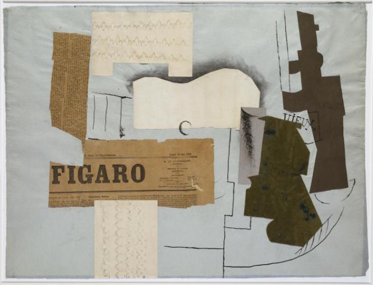 Picasso, 'Chai rượu Vieux Marc, thủy tinh, guitar và báo' (1913)