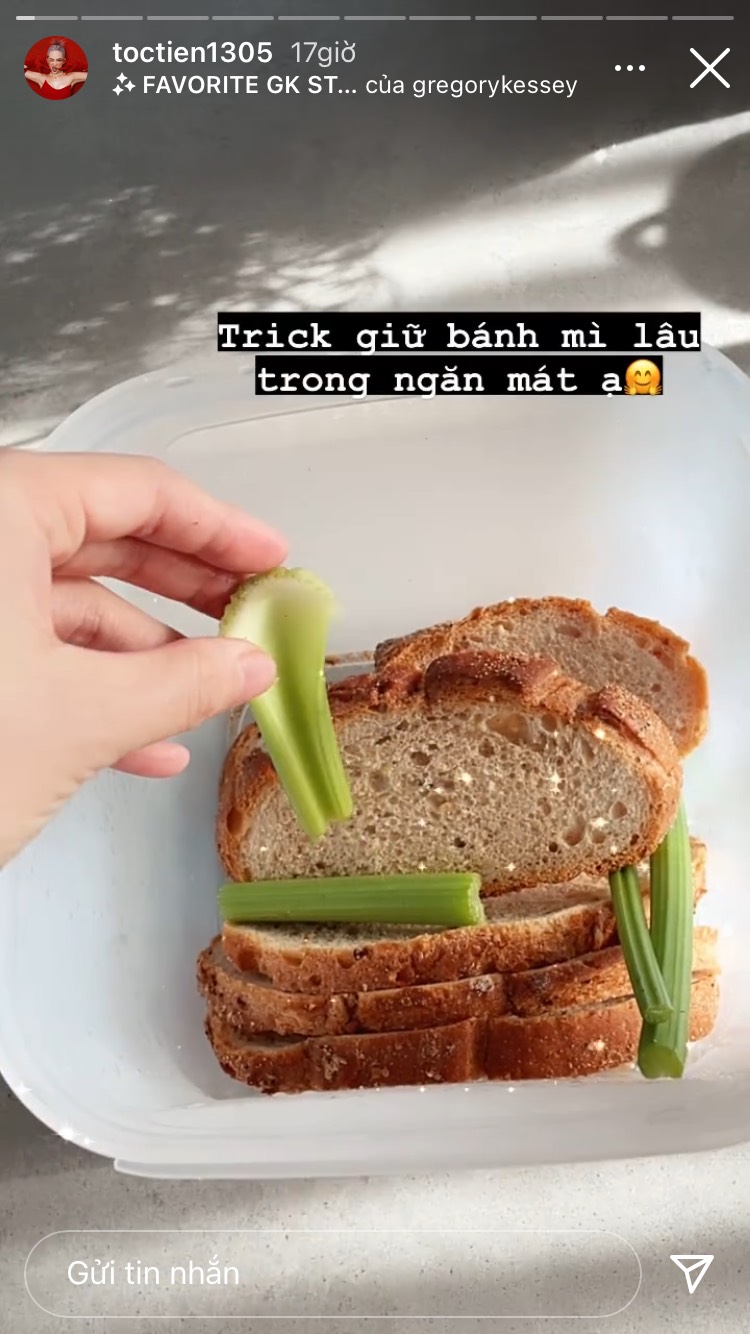 Tóc Tiên bảo quản bánh mì bằng một vài cọng cần tây. Ảnh: IGNV.