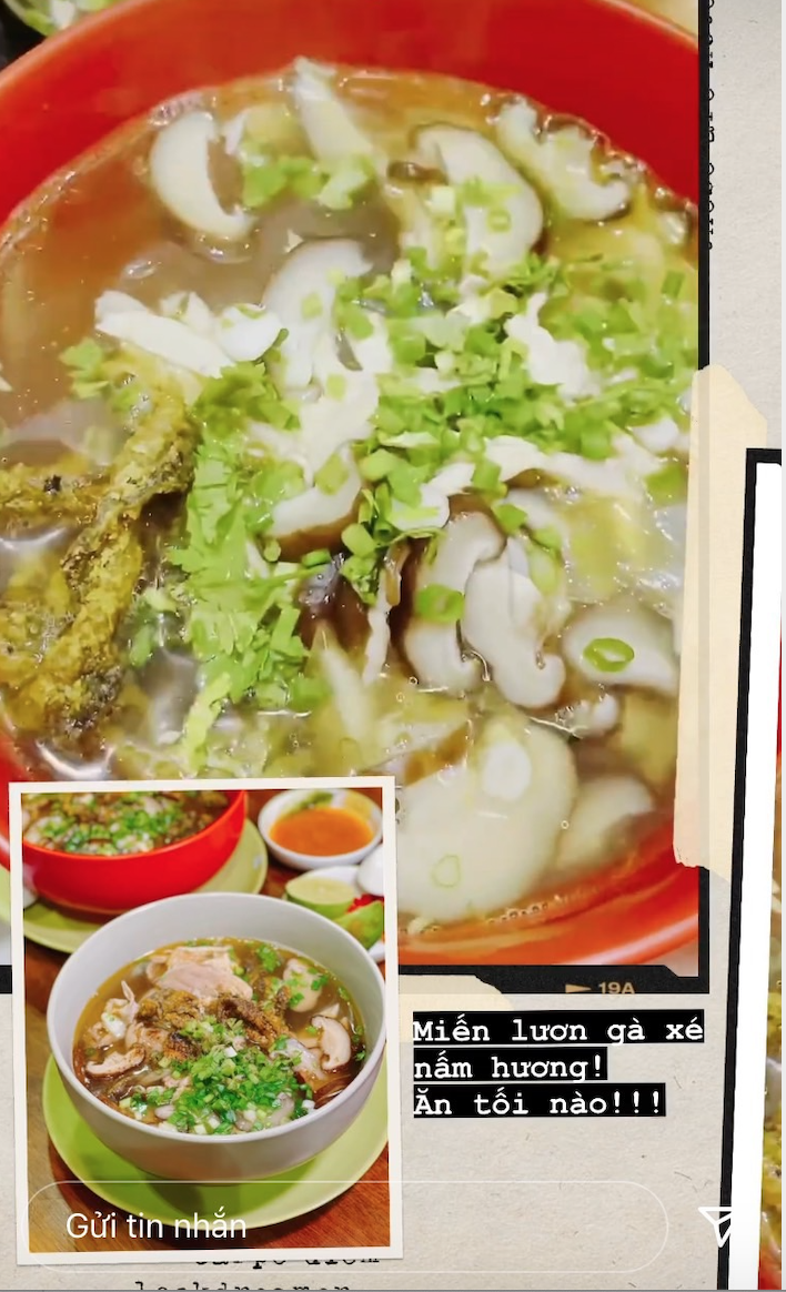 Nhìn bát miến lươn gà xé nấm hương đầy hấp dẫn mà Sơn Đoàn chia sẻ trên mạng xã hội, khối người phải ghen tị với người bạn đời của NTK Adrian Anh Tuấn.
