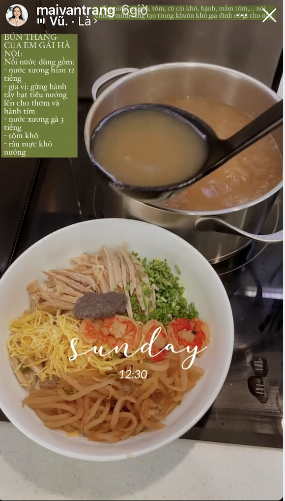 Quả đúng là bữa ăn nhà cô nàng khéo tay Mai Vân Trang, bữa trưa với món bún thang chuẩn Hà Nội...