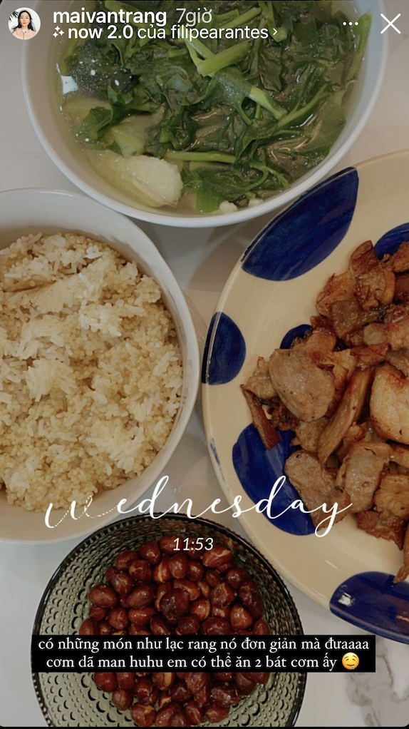 Mai Vân Trang và bữa ăn đủ 3 tiêu chí: đơn giản - đẹp mắt - ngon miệng của mình. Trưa nay cô nàng có lạc rang, rau và thịt trang ăn kèm cơm trắng.