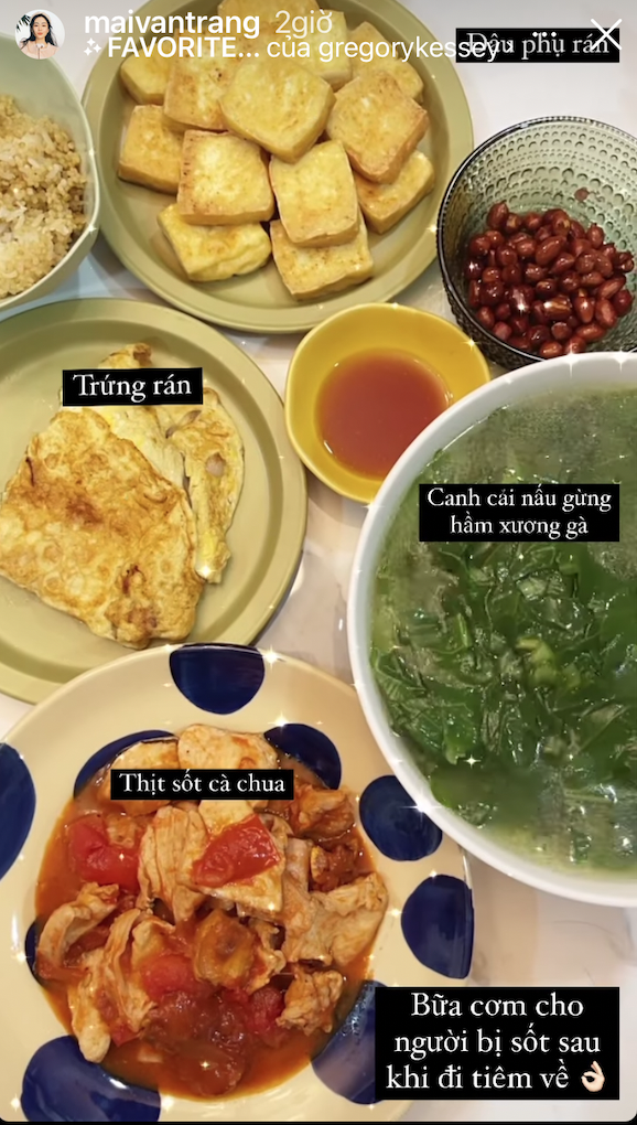 Bữa cơm nhà Mai Vân Trang hôm nay khá đang dạng với đậu phụ rán, lạc rang, trứng rán, canh cải nấu gừng, thịt sốt cà chua.