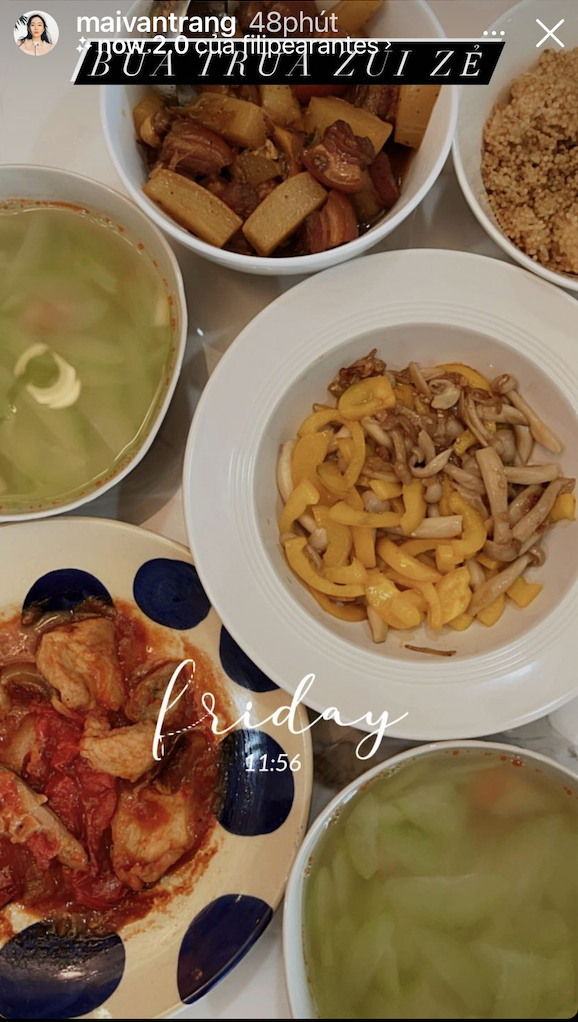 Vẫn như mọi khi, bữa trưa ngày thứ 6 nhà Mai Vân Trang khá thịnh soạn với đầy đủ món mặn và món rau.