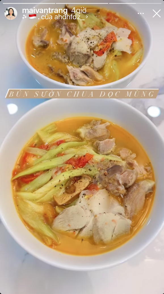 Hôm nay bếp nhà Beauty Blogger Mai Vân Trang có siêu phẩm bún sườn chua dọc mùng.