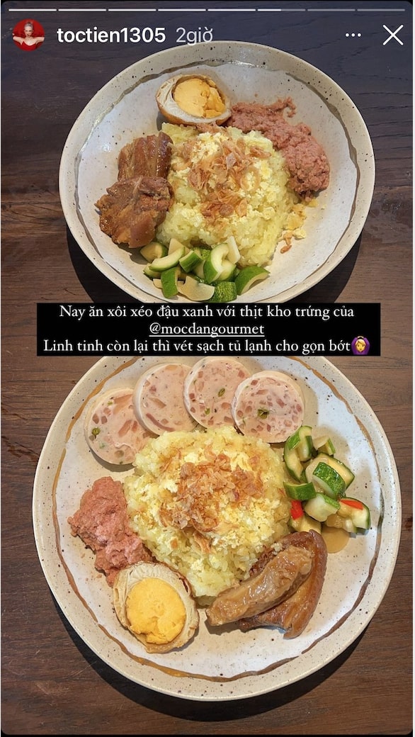 Ngoài món thịt kho trứng thì đĩa xôi xéo đậu xanh của Tóc Tiên còn ngập tràn các topping 'vét' từ tủ lạnh như pa-tê, dưa leo ngâm và chả lụa bì.