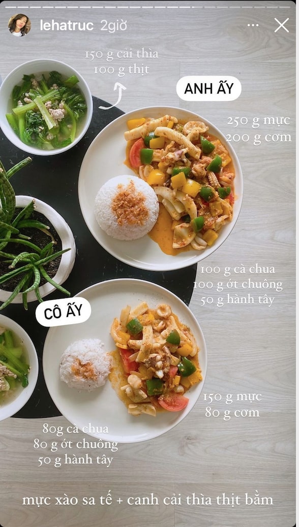 Travel blogger Hà Trúc hôm nay có mực xào sa tế và canh cải thìa thịt băm ăn cùng cơm trắng.