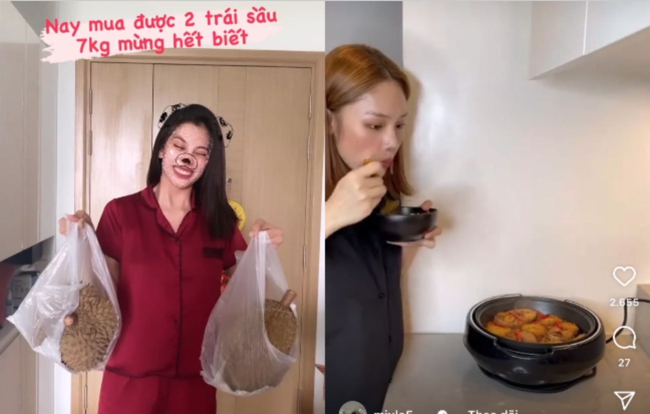 Tiểu Vy mua 7kg sầu riêng, Miu Lê “bỏng” miệng vì vội ăn cá thu kho thơm ngay trên bếp